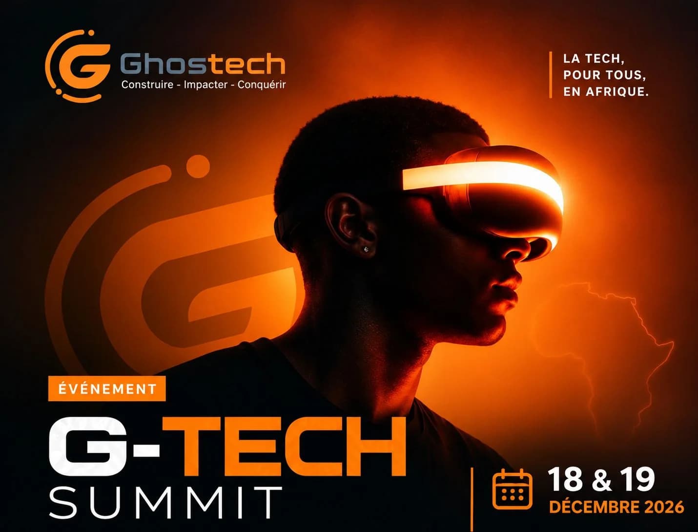 Affiche de l’événement par Ghostech : 18 & 19 décembre 2026, « La tech, pour tous, en Afrique ».